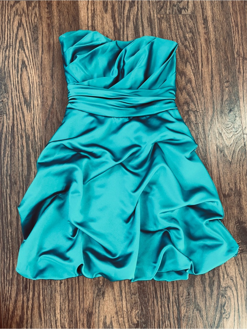 DAVID’S BRIDAL TEAL SATIN STRAPLESS RUFFLE COCKTAIL DRESS | SIZE 4